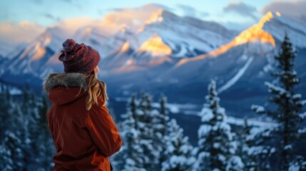 A woman standing on top of a snow covered slope. Perfect for winter sports and outdoor activities