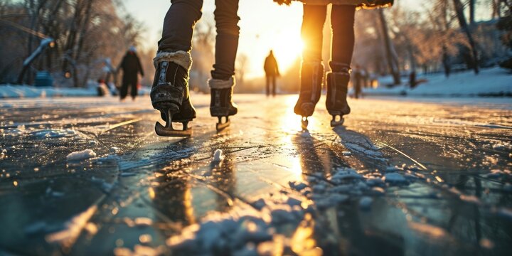 A picture of a couple gracefully skating down a snow-covered street. This image can be used to depict winter activities and the joy of outdoor sports