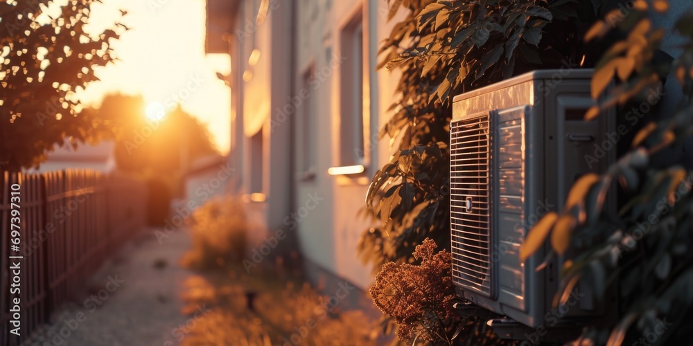Aufkleber an air conditioner sitting on the side of a building. suitable for depicting urban environments and 