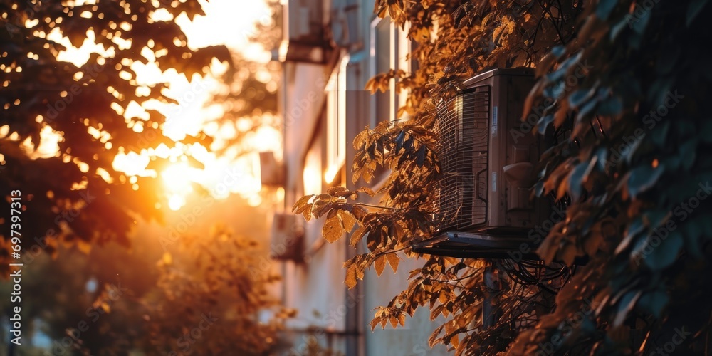 Aufkleber an air conditioner sitting on the side of a building. suitable for illustrating urban architecture o