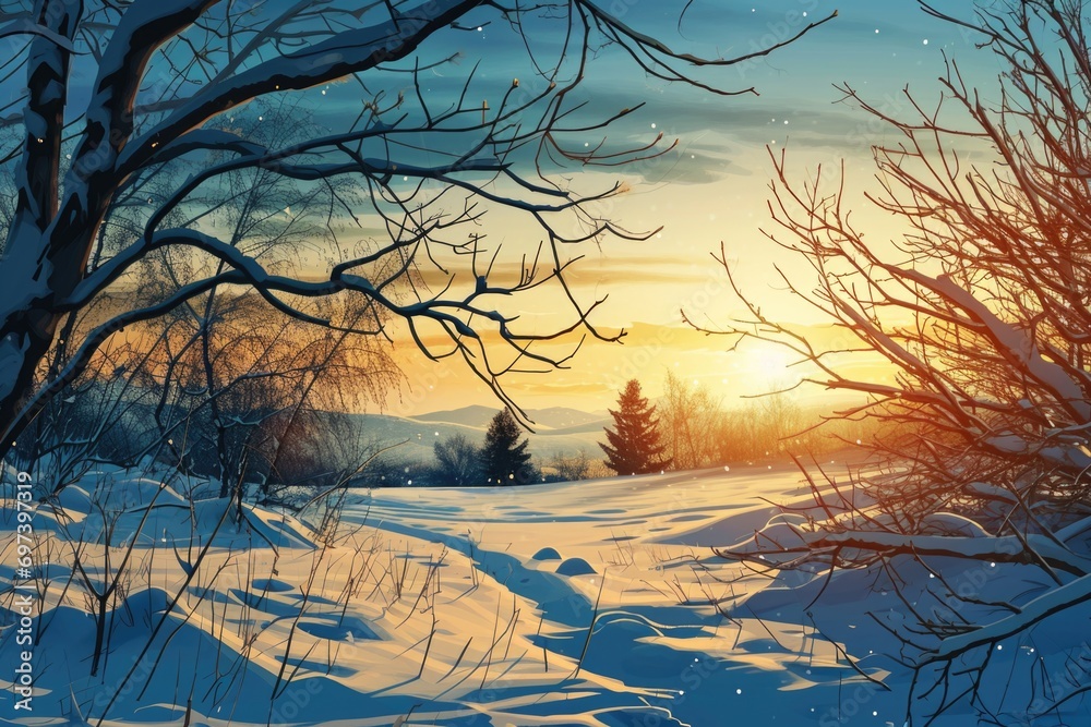 Poster a beautiful snowy landscape with the sun setting in the background. perfect for winter-themed design