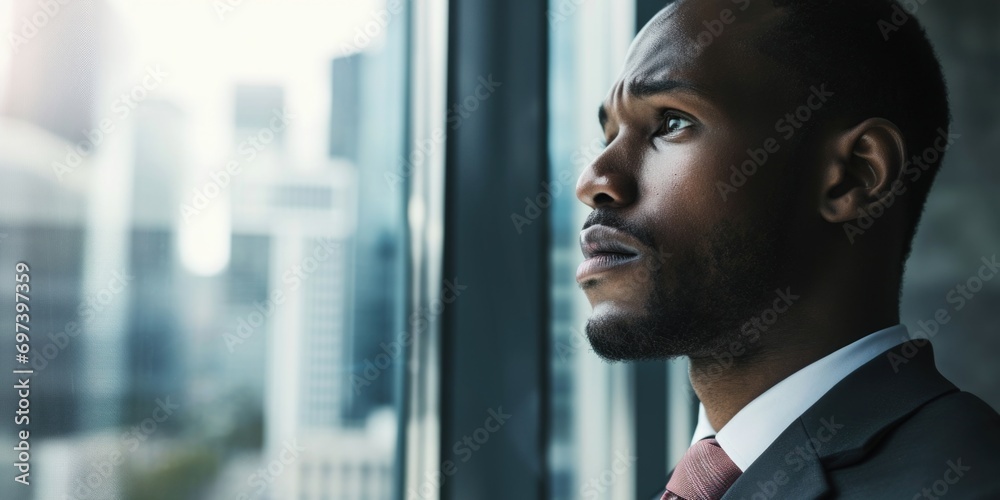 Poster a man in a suit standing by a window, gazing outside. suitable for business and office-related conce