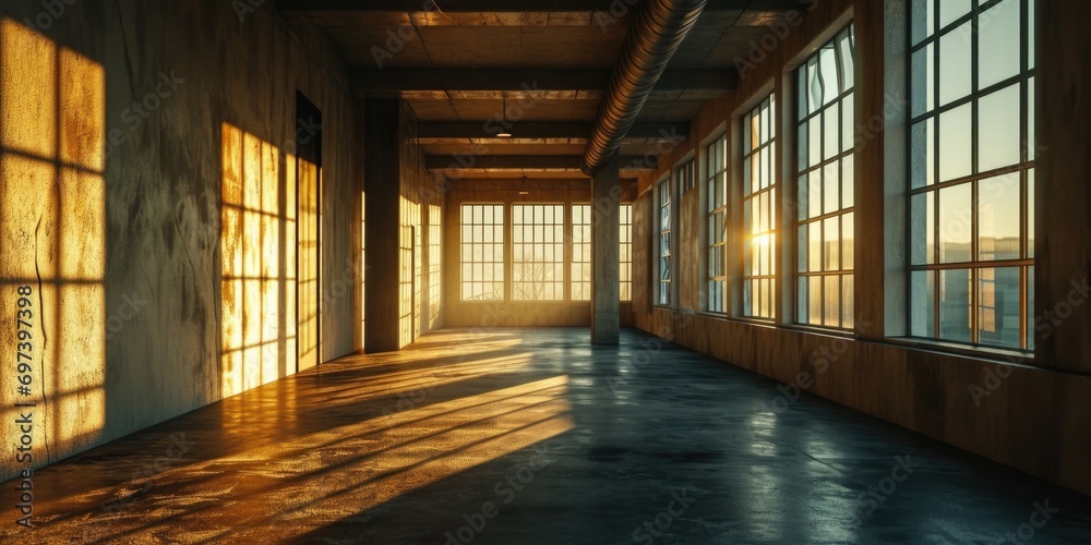 Poster a photograph of a long hallway filled with numerous windows. this image can be used to depict spacio