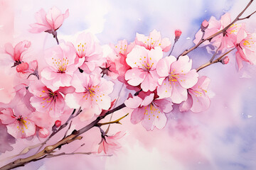 Obraz premium Closeup Watercolor Artwork of a Blossoming Cherry Blossom, Flower, Closeup, Watercolor style