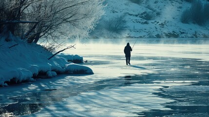 A person standing on a frozen lake with a fishing rod. Ideal for outdoor activities and winter sports