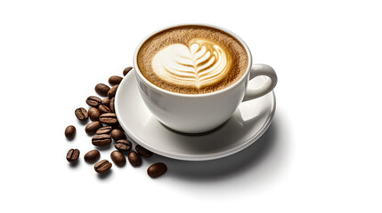 Fototapeta premium Delight in a white cup, this cappuccino boasts a captivating foam pattern