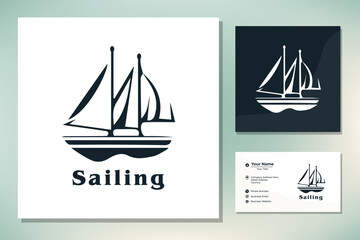 Boat with Stars for Sailing at Night, Fisherman Sailboat on the Ocean Sea Wave Silhouette logo design
