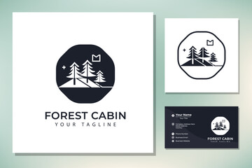 Traditional Forest Wooden House, Village Cabin Cottage with Pine Evergreen Fir Trees for Adventure Outdoor Holiday Camp logo design