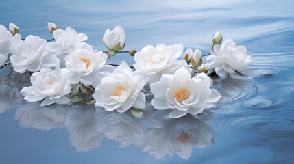 Subtle White Camellia Flowers on a Tranquil Blue Pond, Background, White and white flowers