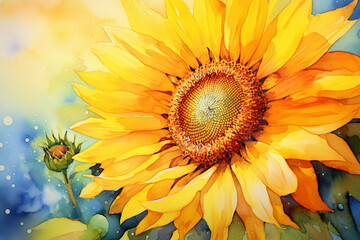 Closeup Watercolor Painting of a Vibrant Sunflower Center, Flower, Closeup, Watercolor style