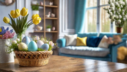 Obraz premium Drewniany blat z pisankami, tulipanami i wolnym miejscem. W tle salon. Wielkanocne tło