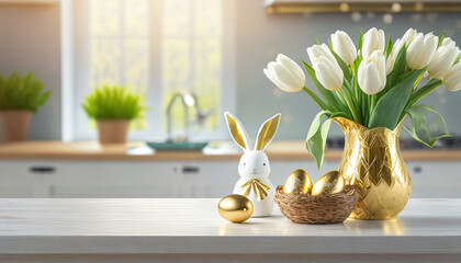 Porcelanowy zajączek, białe tulipany w wazonie i koszyk pełen złotych pisanek na blacie kuchennym. W tle kuchnia. Wielkanocne tło z wolnymi miejscem - obrazy, fototapety, plakaty