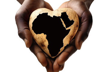 Black hands of an African man holding an Heart with African map, Help african People, Save Natural resources