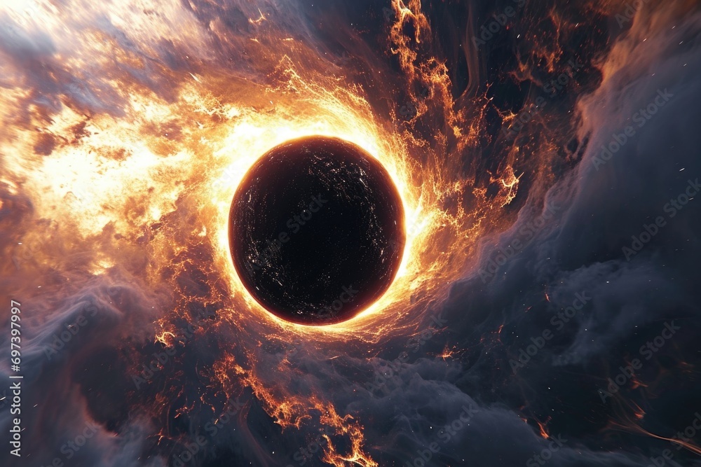 Aufkleber a striking image of a black hole in the middle of a sky filled with clouds.