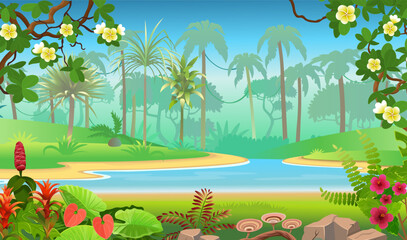 Obraz na płótnie Canvas Jungle forest view. Jungle with green tropical trees, river or lake, plants, shrubs and flowers. Wildlife panoramic with landscape. Vector cartoon illustration.