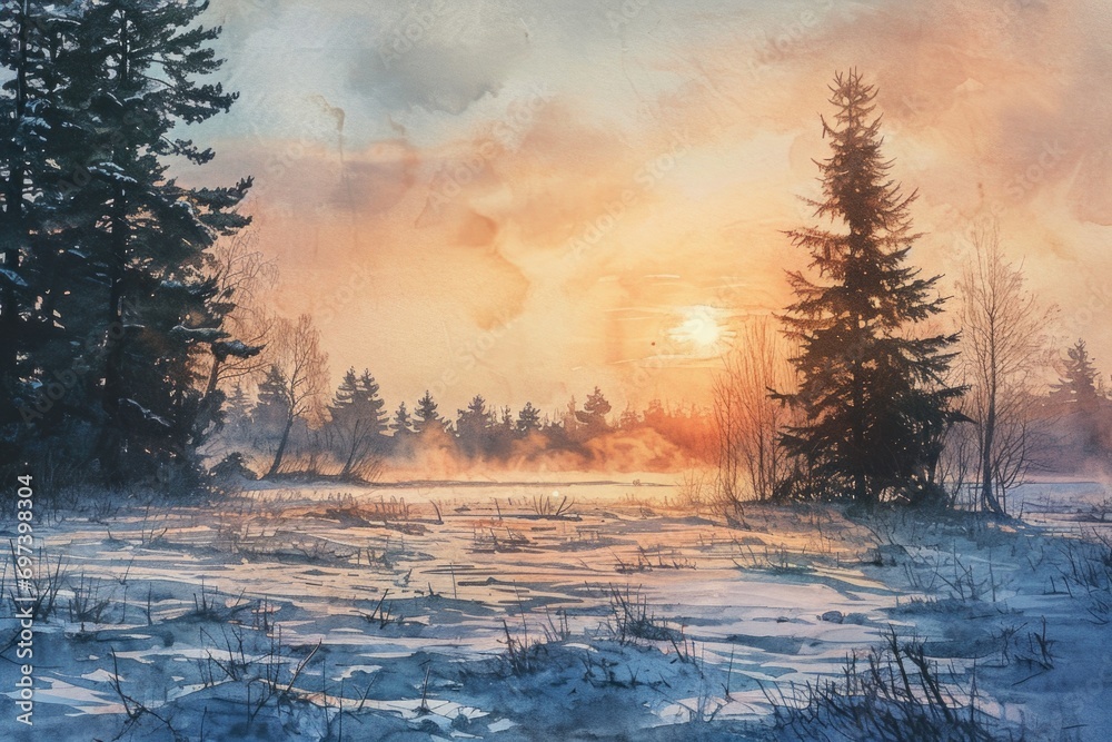 Poster A beautiful painting capturing the serene moment of the sun setting over a snowy field. Perfect for adding a touch of tranquility to any space