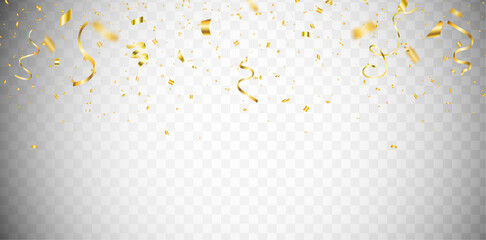Falling shiny gold confetti. Glitter confetti frame on long background. Anniversary celebration banner. Bright festive tinsel. Birthday party backdrop. Holiday design elements. Vector illustration - obrazy, fototapety, plakaty