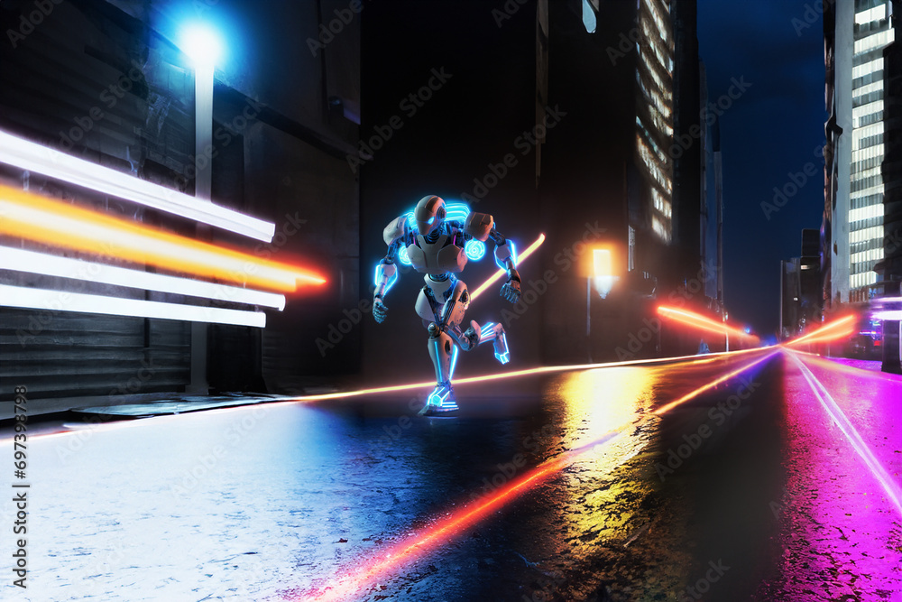 Wall mural a glowing humanoid cyborg robot tunnel 3d running character glow artificial intelligence spacecraft 