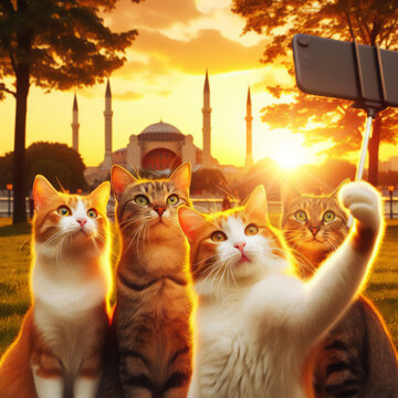 group of cats taking a selfie, in front of a mosque at sunset