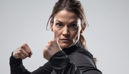 Fit young woman in a fighting stance wearing athletic sports wear and exercising by punching or practicing self defense.