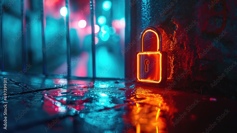 Aufkleber a neon padlock sits on a wet sidewalk, creating a vibrant contrast against the dark background. this