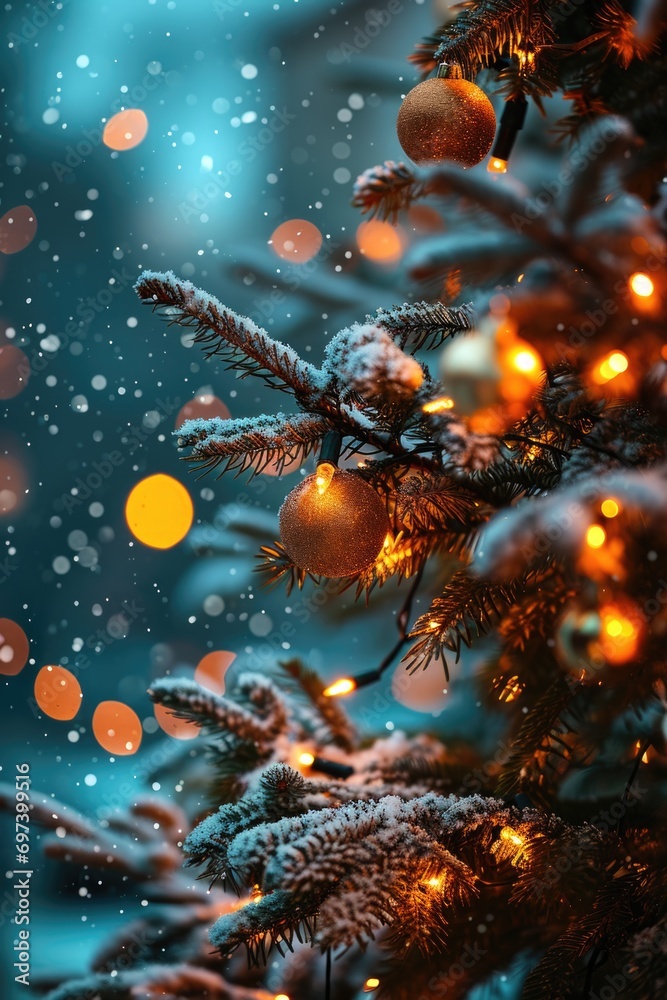 Aufkleber A close-up view of a Christmas tree adorned with twinkling lights. This image can be used to add a festive touch to holiday-themed designs