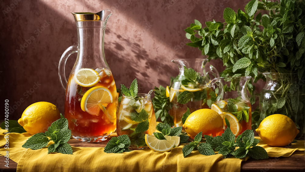 Poster cold tea with lemon and mint on the table in glass gourmet - Posters
