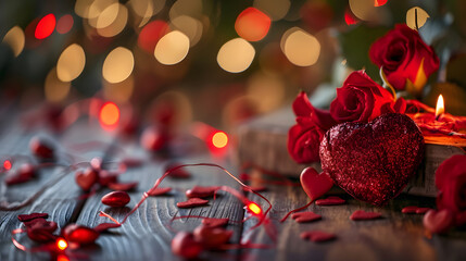 Romantic Valentines Day Background with Red Roses and Glittering Heart