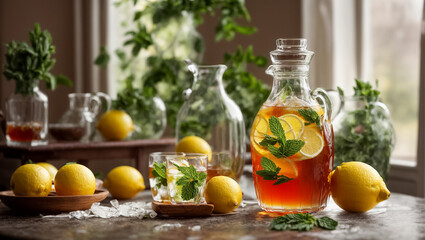 Cold tea with lemon and mint  leaf on the table in glass