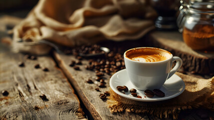 Fototapeta na wymiar Espresso Coffee in White Cup with Coffee Beans on Rustic Wooden Table