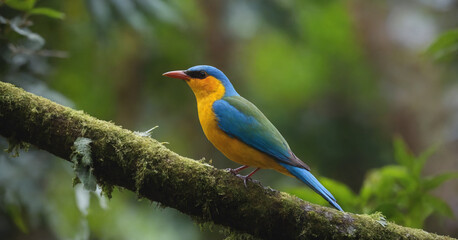 A captivating photo capturing the beauty of a colorful bird in its natural habitat, set against a lush tropical forest background.