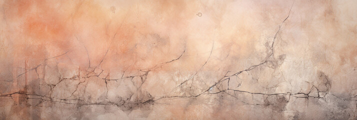 banner with the texture of a cracked aged grunge concrete wall,covered with an abstract network of cracks,peach fuzz tinting