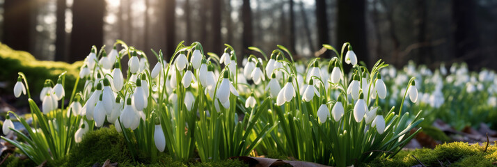 a gentle spring banner, the first snowdrops bloomed, against the background of a spring forest, the concept of spring materials, renewal and awakening