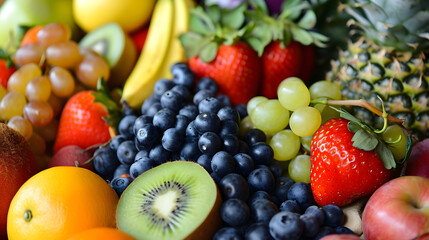 Assorted Fresh Fruits Display with Berries, Citrus, and Tropical Selection in Vibrant Colors