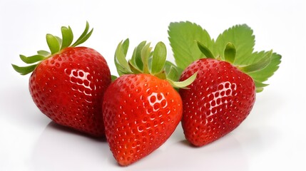 Three fresh strawberries with leaves isolated on white background
