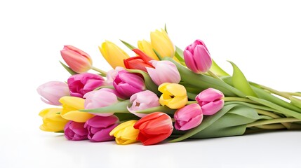 A bouquet of colourful tulips isolated on a white background. Copy space
