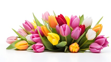A bouquet of colourful tulips isolated on a white background. Copy space