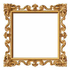 Vintage, ornate gold frame isolated on transparent background.
