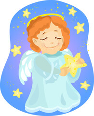 Cute little angel with wings holds a star in his hands. Vector illustration