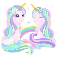 Cute rainbow unicorns with beautiful eyes, rainbow eyelashes, vector illustration