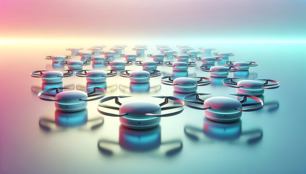 Futuristic swarm of sleek robotic drones against calming gradient background