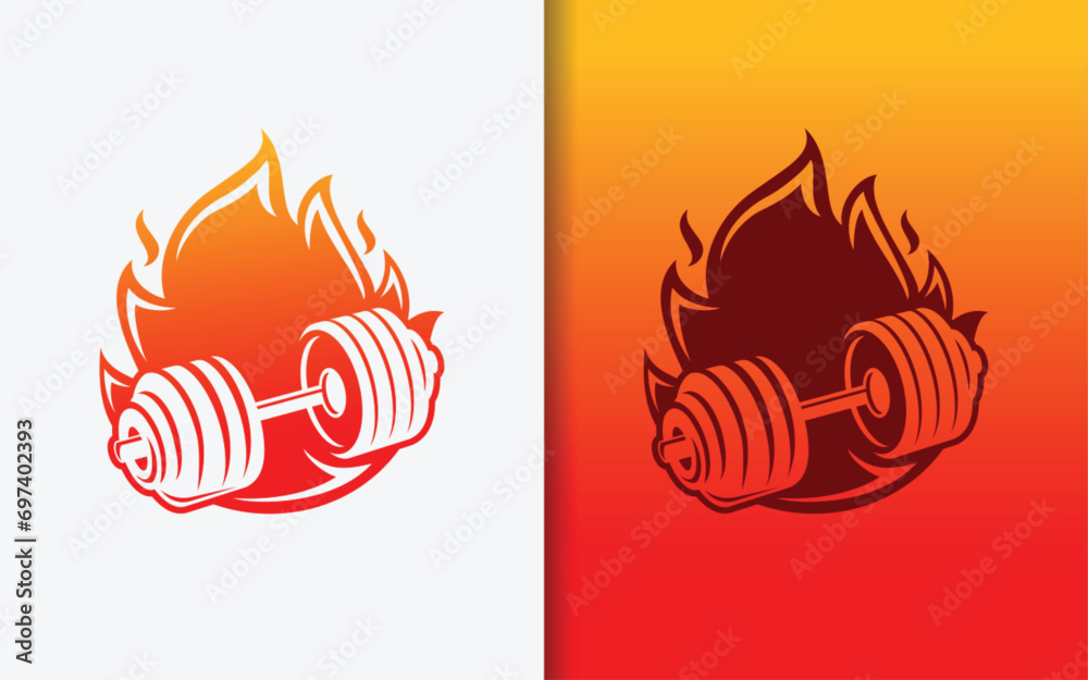 Poster abstract minimalist dumbbell combined with burning fire symbol concept.