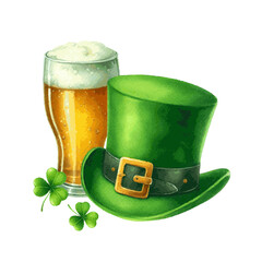 green leprechaun hat, beer glass and clover leaves watercolor paint for st patricks day card design