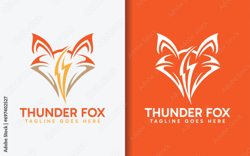Poster thunder fox logo design. abstract fox head combined with lightning flash design concept.
