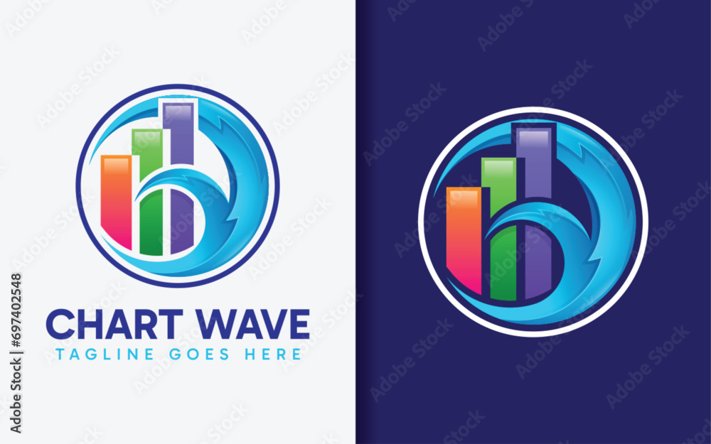 Poster chart wave logo design. colorful statistic chart combined with circular blue wave concept.
