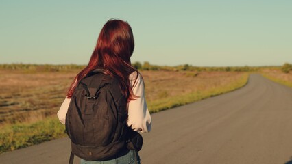 girl traveling with backpack sunset, family sun, hiking girl asphalt road, happy drunken life,...