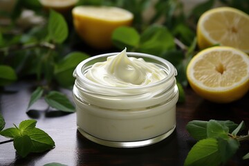 Obraz na płótnie Canvas Face cream with lemon and mint on natural background