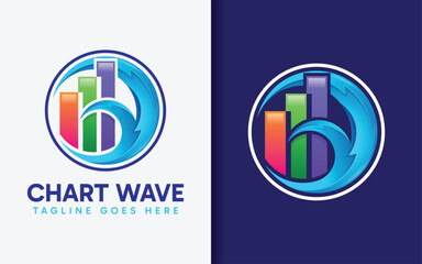 Chart Wave Logo Design. Colorful Statistic Chart Combined with Circular Blue Wave Concept.