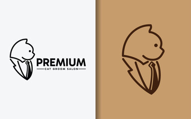 Premium Cat Groom Logo Design. Abstract Minimalist Cat Pose Wearing Suit Logo Concept.