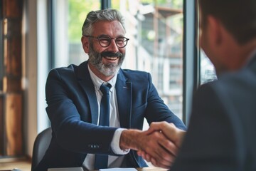 Smiling middle aged business man handshaking partner making partnership collaboration agreement at office meeting, hr manager and new worker shake hands recruiting at job interview. Welcome onboarding - obrazy, fototapety, plakaty